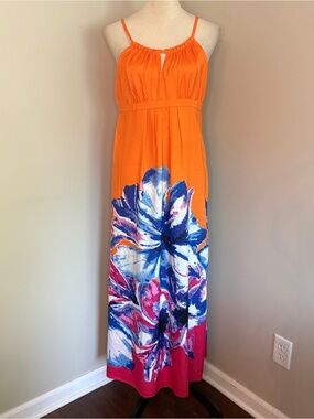 Vintage 90’s ICE Orange Floral Print Maxi Dress Adjustable Straps Size 6 Petite